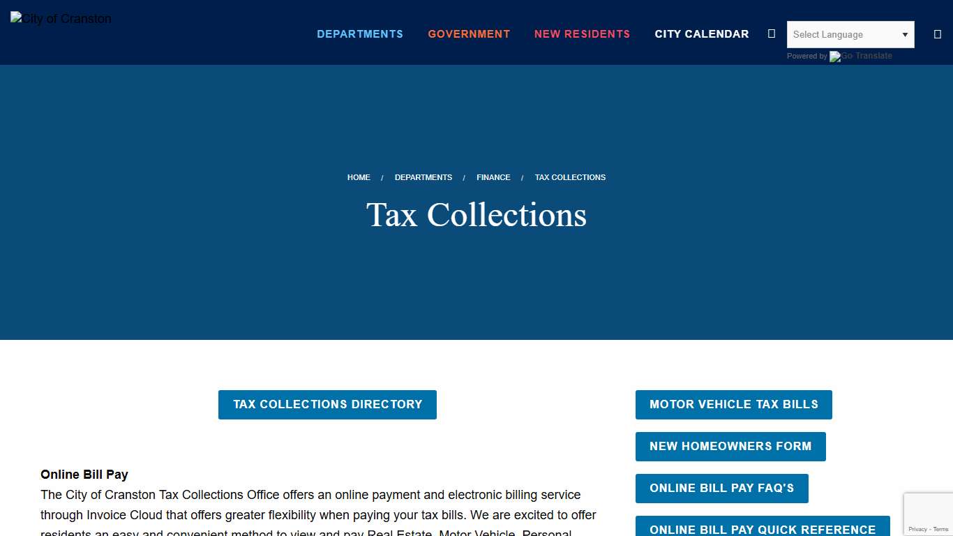 Cranston Tax Collector | Tax Collections Directory & Bill Pay